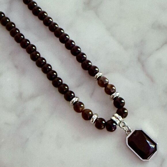 Black Beaded Pendant Necklace with Tiger Eye Accents – Modern & Minimalist - Picture 1 of 6
